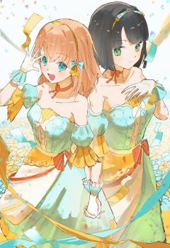 Rule 34 | 2girls, :d, aqua eyes, bare shoulders, black hair, blue dress, blue sleeves, blunt bangs, blunt ends, bob cut, breasts, celebration! (love live!), cerise bouquet, commentary, cowboy shot, detached sleeves, dress, floral background, frilled gloves, frills, gloves, green eyes, highres, hinoshita kaho, holding hands, interlocked fingers, link! like! love live!, looking at viewer, love live!, medium breasts, medium hair, momose ginko, multiple girls, official alternate costume, open mouth, orange hair, puffy short sleeves, puffy sleeves, short hair, short sleeves, smile, standing, strapless, strapless dress, streamers, virtual youtuber, white background, white gloves, zen66574227