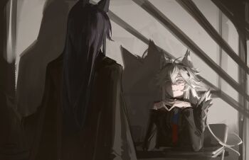 Rule 34 | 2girls, absurdres, animal ears, antenna hair, arknights, black coat, black hair, blue necktie, closed mouth, coat, coat on shoulders, commentary, from behind, grey eyes, grey hair, hair between eyes, highres, lappland (arknights), lappland the decadenza (arknights), long hair, looking at another, making-of available, multicolored necktie, multiple girls, necktie, official alternate costume, phyriaxi, red necktie, scar, scar across eye, scar on face, shadow, sitting, texas (arknights), texas the omertosa (arknights), two-tone necktie, upper body, wolf ears, wolf girl