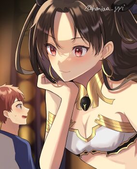 Rule 34 | 1boy, 1girl, bandeau, black hair, blurry, blurry background, blush, breasts, cleavage, commentary request, earrings, emiya shirou, fate/grand order, fate/stay night, fate (series), giant, giantess, haniwa yyi, head rest, highres, hoop earrings, ishtar (fate), jewelry, medium breasts, red eyes, red hair, signature, size difference, sweatdrop, twitter username, two side up, white bandeau, yellow eyes