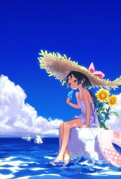 Rule 34 | 1girl, barefoot, black hair, blue eyes, blue sky, cloud, commentary request, crossed ankles, dress, flower, food, from side, half-closed eyes, hat, holding, holding food, holding popsicle, innertube, jiyu2, large hat, long hair, looking ahead, low ponytail, melting popsicle, ocean, on rock, original, outdoors, ponytail, popsicle, rock, short dress, sitting, sky, sleeveless, sleeveless dress, soaking feet, solo, spaghetti strap, straw hat, summer, sundress, sunflower, swim ring, white dress