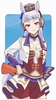 Rule 34 | 1girl, amamoru 21, animal ears, blunt bangs, blush, bodice, bow, breasts, brown hat, choker, cleavage, collarbone, commentary request, corset, cropped jacket, ear bow, gold ship (umamusume), grey hair, hand on own hip, hat, highres, holding, holding megaphone, horse ears, horse girl, horse tail, jacket, long hair, looking at viewer, medium breasts, megaphone, midriff peek, navel, open mouth, overskirt, pendant choker, pillbox hat, purple bow, purple choker, purple eyes, red corset, red shorts, shirt, shorts, smile, solo, starting future (umamusume), tail, umamusume, white jacket