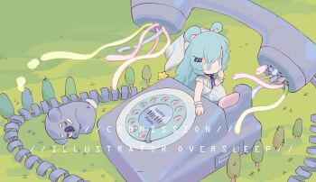 1girl animal animal_ears blue_eyes blue_hair chibi chibi_only dress english_text full_body grass grasslands hair_between_eyes hair_ornament hairclip highres koala lane_line meadow mini_person minigirl on_grass original oversleep phone sleeveless sleeveless_dress veil white_dress