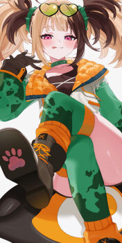 1girl :p absurdres black_gloves boots brown_boots brown_hair brown_tank_top cho_913 collar commentary crossed_legs eyewear_on_head gigi_murin gigi_murin_(chatacabra) gloves green-tinted_eyewear green_collar green_sleeves green_thighhighs hand_up heart heart-shaped_eyewear highres hololive hololive_english jacket long_hair looking_at_viewer multicolored_hair official_alternate_costume open_clothes open_jacket pink_eyes quilted_jacket shorts simple_background sitting solo spiked_collar spiked_hair_ornament spikes tail tank_top thighhighs tinted_eyewear tongue tongue_out twintails two-tone_hair virtual_youtuber white_jacket