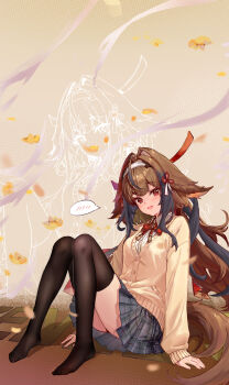 1girl absurdres alternate_costume animal_ear_fluff animal_ears arm_support black_thighhighs blush bow bowtie brown_cardigan brown_hair brown_tail cardigan clover clover_hair_ornament commentary copyright_name droopy_ears english_commentary falling_leaves grey_skirt hair_ornament hairband head_tilt highres leaf long_hair looking_at_viewer mashaer no_shoes open_mouth red_bow red_bowtie red_eyes school_uniform shirt sitting skirt solo spoken_blush tail thighhighs very_long_hair white_hairband white_shirt ye_shunguang zenless_zone_zero