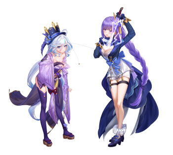 2girls :t absurdres ahoge asymmetrical_gloves black_bridal_gauntlets black_gloves blue_bow blue_eyes blue_footwear blue_gemstone blue_hair blue_hat blue_jacket blue_pupils blue_ribbon blush bow braid breasts bridal_gauntlets cleavage closed_mouth collarbone commentary_request cosplay costume_switch drop-shaped_pupils fingernails flying_button full_body furina_(genshin_impact) furina_(genshin_impact)_(cosplay) gem genshin_impact gloves hair_between_eyes hand_on_own_chest hand_up hands_up hat hat_bow hat_ribbon heterochromia highres holding holding_sword holding_weapon jacket japanese_clothes kimono large_breasts leaning_forward light_blue_hair long_hair long_sleeves looking_at_viewer medium_breasts mismatched_gloves motion_lines multicolored_hair multiple_girls obi parted_lips popped_button pou_bao purple_eyes purple_hair purple_kimono purple_thighhighs raiden_shogun raiden_shogun_(cosplay) ribbon sash shorts simple_background single_bare_shoulder streaked_hair sword sword_between_breasts symbol-shaped_pupils thigh_strap thighhighs very_long_hair weapon white_background white_gloves white_hair white_shorts wide_sleeves