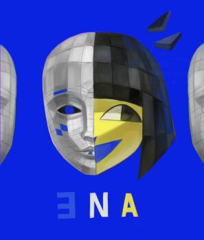 1girl black_hair blue_eyes blue_skin blunt_bangs colored_skin ena_(ena) ena_(series) ena_(species) ena_(web_series) floating_head happy_ena highres multicolored_skin sadder_ena smile split-color_skin usagimarumei yellow_skin