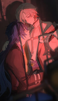 2boys absurdres black_gloves black_shirt blue_eyes coat collared_shirt commentary dim_lighting earrings english_commentary eyes_visible_through_hair flins_(genshin_impact) fur-trimmed_coat fur_trim genshin_impact gloves gradient_hair grey_hair hair_over_one_eye highres illuga_(genshin_impact) jewelry looking_at_another male_focus mole mole_under_eye multicolored_hair multiple_boys quasarus_catt red_background red_hair scar scar_on_neck scar_on_shoulder shirt silver_trim single_earring sleeveless sleeveless_turtleneck sweater turtleneck turtleneck_sweater two-tone_hair vision_(genshin_impact) watermark yaoi yellow_eyes