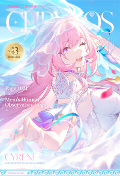 1girl ;o breasts bridal_veil commentary cover cyrene_(honkai:_star_rail) cyrene_(ripples_of_past_reverie)_(honkai:_star_rail) diamond-shaped_pupils diamond_(shape) dress earrings english_commentary english_text fake_magazine_cover from_side highres honkai:_star_rail honkai_(series) jewelry large_breasts long_hair looking_at_viewer magazine_cover official_art one_eye_closed pink_hair purple_eyes solo symbol-shaped_pupils veil very_long_hair white_dress