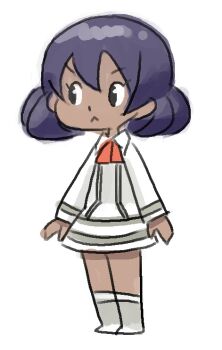 1girl :< dark-skinned_female dark_skin dress full_body looking_to_the_side medium_hair minuspal nintendo parody pokemon pokemon_xy purple_hair simple_background sina_(pokemon) solo source_request standing style_parody white_background white_dress