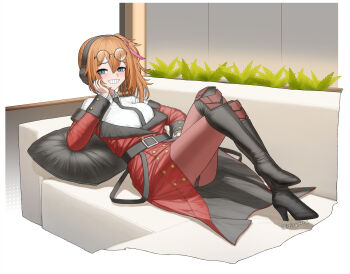Rule 34 | 1girl, absurdres, arm support, black necktie, black panties, blue eyes, blush, boots, breasts, buttons, cheogtanbyeong, clothes pull, coat, commentary request, couch, crossed legs, double-breasted, eyewear on head, full body, girls' frontline, griffin &amp; kryuger military uniform, grin, hair between eyes, hair ribbon, halterneck, hand on own cheek, hand on own face, head rest, headphones, highres, indoors, jacket, jacket pull, kalina (girls' frontline), knee boots, knees up, lying, medium breasts, medium hair, necktie, on back, on couch, orange hair, panties, panties under pantyhose, pantyhose, pink ribbon, reclining, red coat, ribbon, shirt, side ponytail, smile, solo, thighs, underwear, white shirt