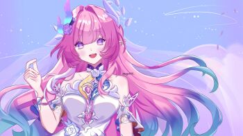 1girl 36mego aqua_hair bare_shoulders blue_sky breasts commentary cyrene_(honkai:_star_rail) cyrene_(ripples_of_past_reverie)_(honkai:_star_rail) diamond-shaped_pupils diamond_(shape) dress flower hair_flower hair_ornament highres honkai:_star_rail honkai_(series) large_breasts long_hair looking_at_viewer multicolored_hair open_mouth pink_hair pointy_ears purple_eyes sky smile solo symbol-shaped_pupils twitter_username upper_body very_long_hair white_dress white_hair