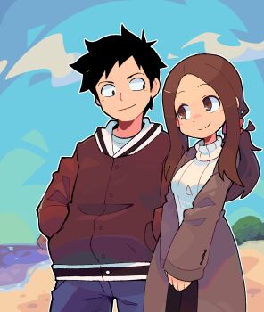 Rule 34 | 1boy, 1girl, aged up, alternate costume, alternate hairstyle, bacun, beach, black eyes, black hair, blue sky, bow, brown coat, brown hair, brown jacket, closed mouth, coat, day, denim, hair bow, hands in pockets, highres, jacket, jeans, karakai jouzu no takagi-san, long hair, long sleeves, looking at another, low ponytail, nishikata, outdoors, pants, parted bangs, ponytail, red bow, ribbed sweater, short hair, sky, smile, sweater, takagi-san, turtleneck, turtleneck sweater, water, white sweater