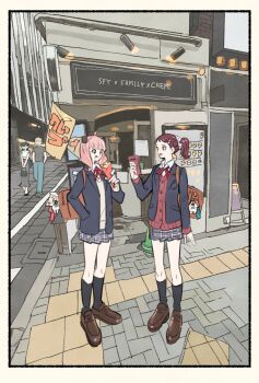 Rule 34 | 1boy, 3boys, aged up, ahoge, anya (spy x family), bag, becky blackbell, black hair, black jacket, black socks, blonde hair, blue pants, bond (spy x family), brown hair, brown shoes, cardigan, cobblestone, collared shirt, crepe, food, food on face, full body, grey skirt, hair ornament, hairclip, hairpods, hand in pocket, highres, holding, holding crepe, holding food, holding phone, jacket, loafers, long skirt, medium hair, multiple boys, neck ribbon, open mouth, pants, phone, pink hair, plaid clothes, plaid skirt, pleated skirt, ponytail, red cardigan, red ribbon, ribbon, school uniform, shirt, shoes, shoulder bag, skirt, socks, spy x family, standing, storefront, suit jacket, takeuchi ryousuke, twilight (spy x family), v arms, walking, white shirt, yor briar