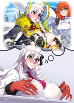 ahoge ascot asymmetrical_bangs attack black_gloves blush braid breasts cape chaldea_staff_uniform cloak clothing_cutout command_spell commentary_request detached_horns e-grand_marie earrings fate/grand_order fate_(series) fujimaru_ritsuka_(female) fujimaru_ritsuka_(female)_(decisive_battle_chaldea_uniform) fur-trimmed_cape fur-trimmed_cloak fur_trim gloves hair_between_eyes hair_ribbon high-waist_skirt highres horns huge_horns jewelry long_hair long_horns long_sleeves medium_hair mizuumi_(bb) mount_rushmore multiple_girls necktie nipple_rub nipple_stimulation nipple_tweak nipple_tweak_through_clothes nipples olga_marie_animusphere olga_marie_animusphere_(unbeast) on_ground open_mouth orange_eyes orange_gloves orange_hair puffy_nipples red_ascot red_gloves red_necktie ribbon rock shirt side_braid skirt stick_figure striped_bodysuit tweaking_own_nipple u-olga_marie very_long_hair white_hair white_shirt yellow_horns