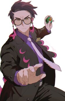 1boy black-framed_eyewear black_hair black_jacket black_pants closed_mouth collared_shirt corbeau_(pokemon) dusk_ball eyewear_strap glasses highres hinata_(ryohinata) holding holding_poke_ball jacket long_sleeves looking_at_viewer male_focus mega_stone necktie nintendo open_clothes open_jacket outstretched_arm pants parted_hair poke_ball pokemon pokemon_legends:_z-a purple_hair purple_shirt round_eyewear shirt short_hair short_sideburns simple_background solo undercut white_background white_necktie yellow_eyes