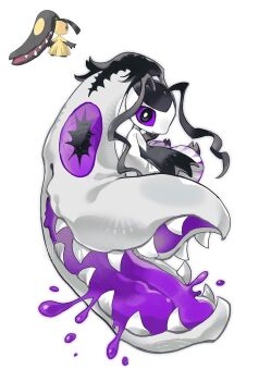 1girl :3 alternate_color alternate_shiny_pokemon bairizuomeng big_hair black_eyes black_hair black_skin bright_pupils closed_mouth colored_sclera colored_skin commentary english_commentary extra_mouth full_body gen_3_pokemon highres living_hair looking_at_viewer mawile multicolored_skin nintendo pokemon pokemon_(creature) pokemon_focus purple_liquid purple_sclera reference_inset sharp_teeth simple_background solo standing teeth two-tone_skin white_background white_pupils white_skin