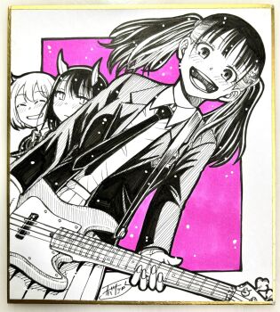 3girls aoki_ruri bass_guitar chiba_toshirou closed_eyes collared_shirt dragon_horns greyscale_with_colored_background hagiwara_yuka highres horns instrument jacket kashiro_airi looking_at_viewer multiple_girls necktie open_mouth photo_(medium) ruridragon school_uniform shikishi shirt short_hair skirt smile solo_focus traditional_media twintails