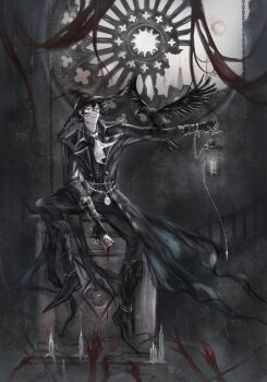 1boy ajsaart amon_(lord_of_the_mysteries) animal_on_arm bird bird_on_arm black_coat black_gloves black_hair black_shirt bloodborne boots brooch candle chain coat collared_shirt cup curtains drinking_glass elbow_gloves fake_blood frills gloves grey_skirt hat highres holding holding_cup holding_lantern jewelry lantern looking_at_viewer lord_of_the_mysteries male_focus open_clothes open_coat podium popped_collar railing reaching reaching_towards_another shirt short_hair sitting skirt solo spread_legs too_many_hands torn_curtains window wine_glass