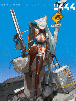 Rule 34 | 1girl, ahoge, animal ear fluff, animal ears, arm behind head, arm up, black footwear, black leotard, black sleeves, blue background, breasts, bridal gauntlets, brown gloves, brown thighhighs, cable, cat ears, cat girl, cat tail, character name, cleavage, closed mouth, commentary, dated commentary, detached sleeves, english text, gloves, grey hair, grey tail, gun, hair over one eye, high collar, high heels, highleg, highleg leotard, highres, holding, holding suitcase, kare huang, large breasts, leotard, long hair, looking at viewer, micro shorts, navel, one eye covered, original, red eyes, security camera, see-through clothes, see-through cleavage, see-through leotard, shorts, sign, sitting, solo, sticker, suitcase, tail, thighhighs, translation request, utility pole, weapon, white shorts, wide sleeves