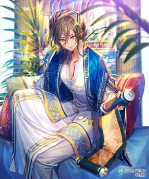 1boy arabian_clothes arch blue_coat blurry brown_hair chain_belt closed_mouth coat copyright_notice cushion depth_of_field double-parted_bangs earrings expressionless feet_out_of_frame flower flower_on_liquid hair_bun holding holding_scroll jewelry knee_up light_particles long_sleeves looking_at_viewer male_focus middle_eastern_architecture notched_neckline official_art patterned_clothing pillar pink_flower plant pool robe scroll sid_story sila_(carpen) single_hair_bun sitting solo tan turban white_robe wide_sleeves yellow_eyes