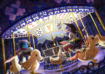 1boy 1other :| absurdres ace_(playing_card) androgynous armor black_cape black_headwear black_sclera blue_hair blue_skin breastplate cape card carousel child closed_mouth clown clown_boy club_(shape) colored_sclera colored_skin commentary_request covered_eyes deltarune diamond_(shape) dutch_angle expressionless fang from_side gauntlets gloves greaves grey_skin hat heart highres holding holding_scythe jester jester_boy jester_cap jevil king_(playing_card) kris_(dark_world)_(deltarune) kris_(deltarune) looking_at_another open_mouth playing_card pointy_ears purple_cape purple_gloves scenery scythe shaded_face short_hair spade_(shape) standing tongue tongue_out two-sided_fabric utdr_(toby_fox) watawata22 wide_shot