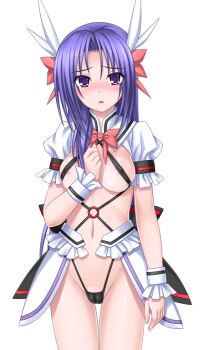 1girl adapted_costume areola_slip blush breasts cameltoe covered_erect_nipples game_cg higuchi_isami large_variant_set long_hair looking_at_viewer magical_girl mahou_shoujo_sae medium_breasts murakami_shizuru navel non-web_source official_art purple_eyes purple_hair revealing_clothes ribbon slingshot_swimsuit solo swimsuit thigh_gap thighhighs transparent_background variant_set wrist_cuffs