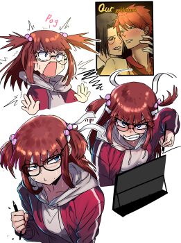 1girl absurdres blue_eyes brown_hair ebora fujoshi glasses hair_bobbles hair_ornament highres hood hood_down hoodie jacket long_hair manga_(object) multiple_views otaku pornography red_jacket ronove_(umineko) simple_background sweat track_jacket two_side_up umineko_no_naku_koro_ni ushiromiya_ange ushiromiya_battler white_background white_hoodie yaoi_(object)