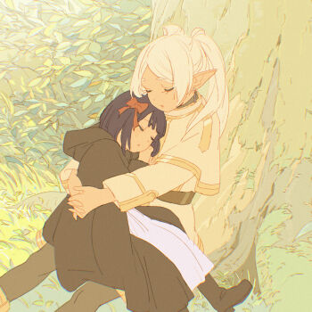 2girls 55bata6rou aged_down black_robe boots brown_boots capelet closed_eyes closed_mouth dress earrings elf fern_(sousou_no_frieren) frieren highres hood hood_down hug jewelry long_hair long_sleeves multiple_girls on_grass outdoors own_hands_together parted_bangs pointy_ears purple_hair robe short_hair sitting sleeping sleeping_on_person sleeping_upright sousou_no_frieren tree twintails under_tree white_capelet white_dress