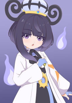 1girl :o absurdres belt belt_buckle black_dress blue_belt blue_gloves bob_cut buckle dress eyelashes fire gloves gwynn_(pokemon) hat highres holding holding_poke_ball long_sleeves looking_at_viewer nest_ball nintendo o-ring o-ring_belt open_mouth partially_fingerless_gloves poke_ball pokemon pokemon_legends:_z-a purple_background purple_eyes purple_fire purple_hair short_hair solo sudakino