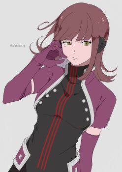 Rule 34 | 1girl, artist name, breasts, commentary, elbow gloves, gloves, grey background, hand in own hair, headphones, highres, jacket, katori squad's uniform, katori youko, long hair, looking at viewer, medium breasts, purple gloves, purple jacket, purple thighhighs, short jumpsuit, short sleeves, simple background, thighhighs, turtleneck, world trigger, yawai tofu, yellow eyes