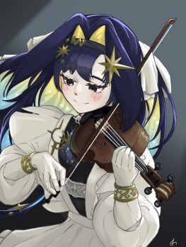 1girl black_hairband blonde_hair blue_eyes blue_hair bow_(music) closed_mouth colored_inner_hair dress floating_hair gloves gradient_hair grey_background hair_intakes hair_ornament hairband highres holding holding_bow_(music) holding_instrument holding_violin instrument juliet_sleeves long_hair long_sleeves looking_down multicolored_hair music playing_instrument puffy_sleeves pyopyopyo08 reverse:1999 smile solo star_(symbol) star_hair_ornament upper_body very_long_hair violin voyager_(reverse:1999) white_dress white_gloves