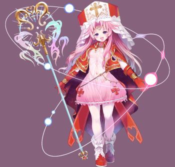 1girl artist_request awakening_(sennen_sensou_aigis) bad_source bow breasts cleric cross cross_cutout dress elyse_(sennen_sensou_aigis) full_body game_cg gloves long_hair long_sleeves navel official_art open_mouth pink_hair purple_eyes red_gloves sennen_sensou_aigis solo staff third-party_source transparent_background white_bow