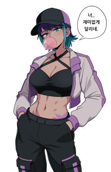 1girl abs absurdres aqua_eyes aqua_hair badass_girl:_run_hany baseball_cap black_pants black_sports_bra blowing_bubble_gum blue_hair breasts cargo_pants chewing_gum cleavage collarbone commentary_request contrapposto cowboy_shot galois hands_in_pockets hat head_tilt highres hip_tattoo korean_commentary korean_text large_breasts linea_alba mole mole_under_eye multicolored_hair navel pants rapid_ju run_hany short_hair solo sports_bra tan tattoo translation_request two-tone_hair