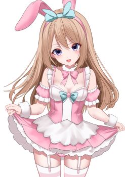 1girl absurdres animal_ears bow bowtie breasts brown_hair choujigen_game_neptune commentary cowboy_shot detached_sleeves dress english_commentary fake_animal_ears garter_straps highres long_hair looking_at_viewer neptune_(series) open_mouth panties pink_bow pink_bowtie pink_dress pink_panties purple_eyes ram_(neptunia) simple_background skirt_hold small_breasts solo thighhighs underwear white_background white_thighhighs white_wrist_cuffs wrist_cuffs xueli_shimazaki