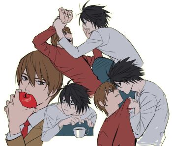 2boys apple black_eyes black_hair blue_pants brown_eyes brown_hair brown_jacket clothes_grab collared_shirt commentary cup dailysarndean death_note food frown fruit furrowed_brow grabbing_another's_shirt hair_between_eyes hand_on_another's_face holding holding_another's_wrist holding_food holding_fruit jacket l_(death_note) male_focus multiple_boys multiple_views necktie no_eyebrows open_mouth pants parted_lips red_necktie red_sweater shirt short_hair spiked_hair sugar_cube suit_jacket sweater symbol-only_commentary teacup upper_body white_background white_shirt yagami_light