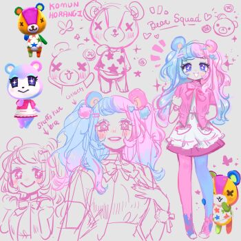 Rule 34 | + +, 1boy, 1girl, animal crossing, animal crossing: new horizons, artist name, bear, bear girl, blue eyes, blush, bow, bowtie, buttons, commentary, english commentary, grey background, hair ornament, hairclip, highres, judy (animal crossing), komunhorangi, multicolored hair, nintendo, outline, pantyhose, parallel hairclips, personification, pink hair, pink outline, pom pom (clothes), procreate (medium), sketch, smile, stitches (animal crossing), symbol-shaped pupils, two-tone hair, x-shaped pupils