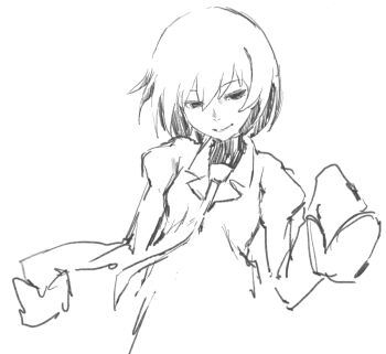 1girl averting_eyes bob_cut breasts collared_shirt commentary cropped_torso dress_shirt floating_neckwear greyscale hair_between_eyes hatching_(texture) highres juliet_sleeves long_sleeves looking_down looking_to_the_side monochrome monogatari_(series) naoetsu_high_school_uniform narrowed_eyes necktie oshino_ougi parted_lips puffy_sleeves school_uniform shirt short_hair simple_background sketch sleeves_past_fingers sleeves_past_wrists small_breasts smile solo taki_(a313131333) turtleneck upper_body very_long_sleeves w_arms white_background
