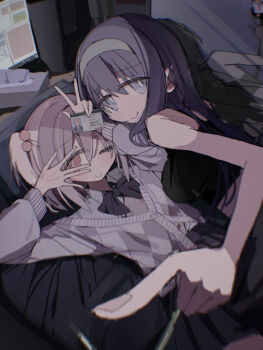 1boy 1girl 2mai84 :q ;) argyle_clothes bare_arms bare_shoulders black_bow black_bowtie black_bra black_hair black_skirt bow bowtie bra breasts brown_eyes girl_on_top grey_eyes grey_hair grey_hairband hair_between_eyes hair_bobbles hair_ornament hairband hetero highres holding holding_id_card id_card indoors long_hair long_sleeves looking_at_viewer lying medium_breasts mirror on_back one_eye_closed one_side_up onii-chan_wa_oshimai! pleated_skirt pointing pointing_at_viewer reflection selfie senkawa_minato shiori_(onimai) short_hair skirt smile tissue_box tongue tongue_out trap underwear w