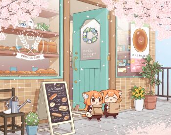 2girls :3 :d ^_^ animal_ears bag bakery bird blue_shoes blush_stickers braid brown_coat brown_eyes brown_pantyhose cat_ears cat_girl cat_tail cherry_blossoms chibi chibi_only closed_eyes coat commentary_request day door double-parted_bangs flower fujisawa_kamiya highres holding holding_bag jitome leaf long_hair long_sleeves mini_person minigirl multiple_girls open_mouth orange_hair original outdoors pantyhose paper_bag plant potted_plant red_shoes shoes shop short_hair sign single_braid smile tail tile_floor tiles walking watering_can yellow_flower