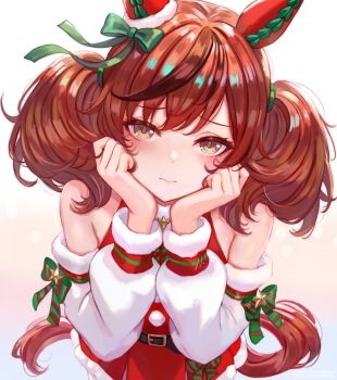 1girl alternate_costume animal_ears bare_shoulders belt belt_buckle black_belt black_hair black_streaks blush bow brown_eyes brown_hair brown_tail buckle closed_mouth detached_sleeves diagonal-striped_bow dress ear_bow ear_ornament green_bow hands_on_own_cheeks hands_on_own_face horse_ears horse_girl horse_tail leonmandala long_hair looking_at_viewer nice_nature_(umamusume) pom_pom_(clothes) red_dress santa_costume simple_background solo striped_bow tail twintails umamusume white_background white_sleeves