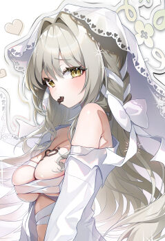 1girl blue_archive blush bow braid breasts candy chest_sarashi chocolate chocolate_heart food food_in_mouth green_hair green_halo hair_between_eyes hair_bow halo heart heart-shaped_food highres large_breasts long_hair looking_at_viewer miyo_(blue_archive) nyaruin sarashi sidelocks solo veil white_bow white_veil yellow_eyes