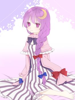 Rule 34 | 1girl, alternate hairstyle, barefoot, black bow, black bowtie, blue bow, bow, bowtie, braid, capelet, closed mouth, commentary request, crescent, crescent hair ornament, dress, extra digits, hair ornament, long hair, long sleeves, looking at viewer, no headwear, patchouli knowledge, pink capelet, purple eyes, purple hair, red bow, single braid, sitting, smile, solo, striped clothes, striped dress, toes, touhou, tsuno no hito, vertical-striped clothes, vertical-striped dress, very long hair