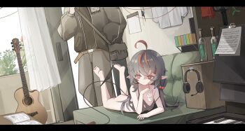 1boy 1girl absurdres ahoge barefoot black_hair black_jacket bottle bottomless bright_pupils couch cup curtains drink drinking_glass drinking_straw feet feng_xiaohei grey_pants guitar headphones highres holding holding_cup holding_drink indoors instrument jacket loli lying multicolored_hair on_stomach original pants partially_undressed pointy_ears red_eyes red_hair streaked_hair white_pupils window