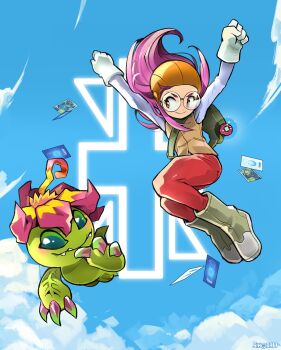Rule 34 | 1girl, blue sky, boots, digimon, digimon adventure, digimon adventure 02, digimon card game, full body, glasses, highres, inoue miyako, midair, palmon, pants, plant monster, purple hair, red pants, round eyewear, sinobali, sky