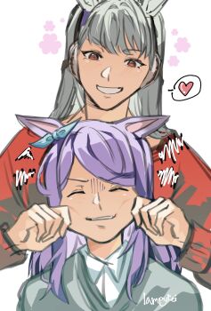 2girls alternate_costume animal_ears aqua_bow blunt_bangs bow cheek_pinching closed_eyes collared_shirt commentary_request ear_bow gold_ship_(umamusume) grey_hair grey_sweater heart highres horse_ears horse_girl lampy_uikoko long_hair long_sleeves mejiro_mcqueen_(umamusume) multiple_girls open_mouth pinching purple_eyes purple_hair red_sweater shirt smile sweater umamusume upper_body white_shirt yuri