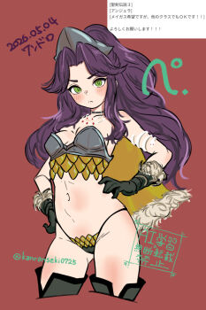 Rule 34 | 1girl, alternate costume, angela (seiken densetsu 3), armor, artist name, bikini, bikini armor, blush, breasts, chain, cleavage, closed mouth, commentary request, green eyes, hand on own hip, highres, kanranseki0725, legs, long hair, looking at viewer, navel, pointy ears, princess, purple hair, seiken densetsu, seiken densetsu 3, simple background, swimsuit, toned, toned female