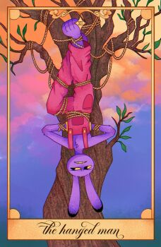 Rule 34 | animal ears, arm behind back, barefoot, bound, chest fur, cloud, colored skin, colored teeth, cursive, english text, full body, highres, jax (the amazing digital circus), leaf, looking to the side, orange sky, pink suspenders, purple skin, purple sky, rabbit boy, rabbit ears, sky, tarot, the amazing digital circus, the hanged man (tarot), tied up (nonsexual), tree, upside-down, vee flytrap, yellow eyes, yellow teeth