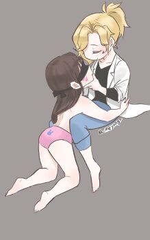 2girls animal_print barefoot black_shirt blindfold blonde_hair brown_hair capri_pants closed_eyes coat d.va_(overwatch) facial_mark grey_background long_hair mercy_(overwatch) multiple_girls overwatch overwatch_1 panties pants pink_panties ponytail rabbit_print servandakin shirt topless_female underwear white_coat yuri