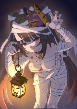 1girl :p bandages black_hair breasts commentary_request fox_mask halloween highres honkai:_star_rail honkai_(series) lantern leaning_forward long_hair looking_at_viewer mask medium_breasts oimo_imonium partially_undressed red_eyes red_nails solo sparkle_(honkai:_star_rail) thighs tongue tongue_out twintails very_long_hair
