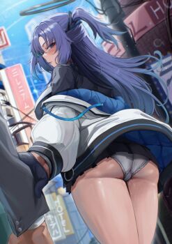 1boy 1girl absurdres ass black_gloves black_halo black_jacket black_skirt blue_archive blush breasts cityscape commentary english_commentary from_behind gloves grey_jacket halo highres holding_another&#039;s_wrist jacket kuutamo large_breasts long_hair looking_at_viewer miniskirt open_mouth panties purple_eyes purple_hair pussy_juice shirt sidelocks skirt two_side_up underwear white_jacket white_panties white_shirt yuuka_(blue_archive)